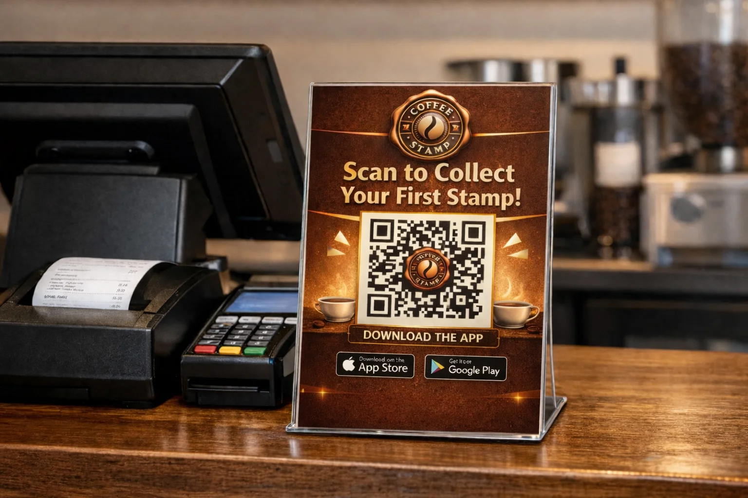 Coffee Stamp QR code stand on a café counter next to a cash register
